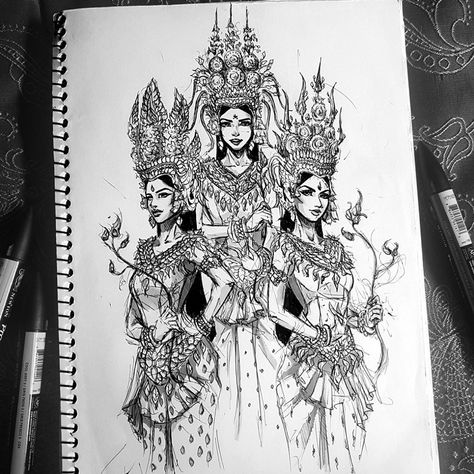 Got super lazy this week, no motivation to do anything... Trying to be productive by adding shadow to this old sketch I did a couple of months back. Slowly enjoying the process of drawing again :) Apsara Tattoo, Apsara Drawing, Ankor Watt, Khmer Tattoo, Khmer Empire, Be Productive, Cookie Run, Body Tattoos, Do Anything