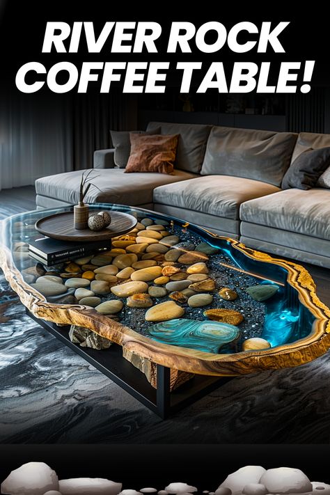 Upgrade your living room with the timeless charm of river rock coffee tables! 🌿✨ Explore the beauty of natural materials in home decor. #RiverRock #CoffeeTables #HomeDecor #InteriorDesign Resin River Coffee Table, Unique Coffee Table Ideas, Log Coffee Table, Epoxy Countertops, Diy Resin Table, Resin Tables, Epoxy Coffee Table, Wooden Countertops, Wood Resin Table