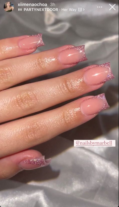 Short Badazled Nails, Square Sparkle French Tip, Pink French Tips Glitter, Short Square Nails Sparkle, Light Pink Clear Nails, Pink Frenchies Nails, Sparkly Square Nails, Pink Sweet 16 Nails, Pink Sparkle French Tip Nails