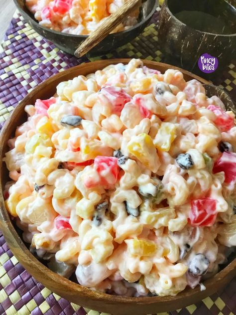 Filipino Macaroni Fruit Salad (Sweet) - PinoyBites Macaroni Fruit Salad Recipe, Macaroni Salad Filipino Style, Macaroni Fruit Salad, Sweet Macaroni Salad Recipe, Filipino Macaroni Salad, Filipino Fruit Salad, Recipes With Fruit Cocktail, Creamy Macaroni Salad, Salad Appetizer Cups