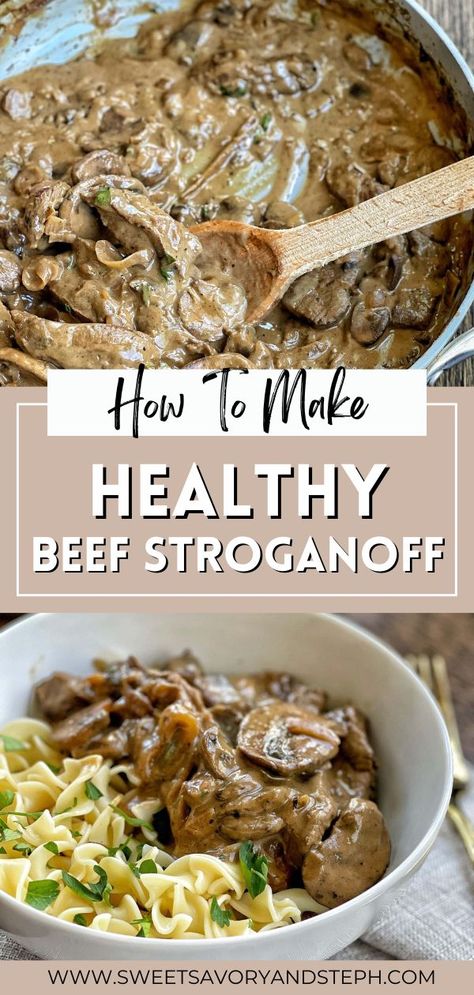 Healthy Beef Stroganoff Instant Pot, Easy Healthy Beef Stroganoff, Ground Beef Stroganoff Recipe Healthy, Light Beef Stroganoff, Ground Beef Stroganoff Healthy, Healthy Crockpot Stroganoff, Healthy Mushroom Stroganoff, Beef Stroganoff With Cottage Cheese, Macro Friendly Beef Stroganoff