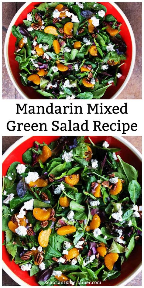 Mandarin Mixed Green Salad Recipe with citrus poppy seed dressing #greensalad #poppyseeddressing #mandarinorangegreensalad via @sandycoughlin Salad With Mandarin Oranges And Pecans, Green Salad Recipes Healthy, Easter Salad Recipes, Spicy Pecans, Mixed Green Salad, Mandarin Orange Salad, Tasty Salads, Mixed Baby, Greens Salad