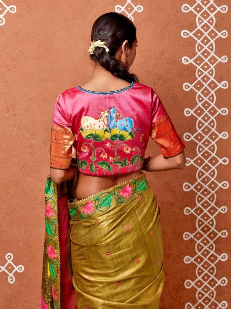 Hand Painted Blouse Back, Pichwai Blouse Design, Pichwai Blouse, Patola Blouses, Painting Blouses, Paithani Blouse Design, Blouse Painting, Blouse Design Aari Work, Blouse Designes