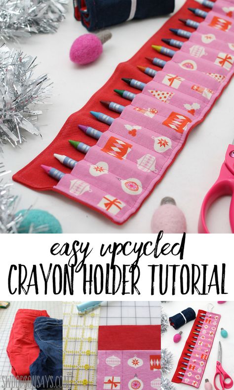 Sew a stocking stuffer with this easy upcycled crayon holder diy tutorial! Upcycle old jeans and see how to sew a crayon roll with this beginner sewing tutorial. Crayon Holder Diy, Sew A Stocking, Creative Upcycling, Crayon Roll, Crayon Holder, Sewing Projects Free, Handmade Stocking, Upcycling Ideas, Diy Gifts For Kids