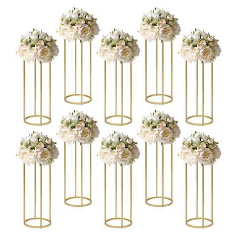 PRICES MAY VARY. Atmosphere Maker: The gold stand with beautiful flowers(not included) can create a romantic and gorgeous atmosphere for your party scene. It will add a beautiful glow to your venue and impress your guests. Stable Structure: The 11.8-inch diameter round base and evenly stressed cylindrical structure provide a maximum weight capacity of 44 lbs, so you can use it with confidence, even outdoors! Glossy&Shining: Its polished and high-temperature baked golden surface looks stunning an Gold Wedding Centerpieces, Gold Wedding Flowers, Geometric Centerpiece, Wedding Vase Centerpieces, Geometric Vases, Tall Centerpieces, Venue Decorations, Tall Flowers, Gold Vases