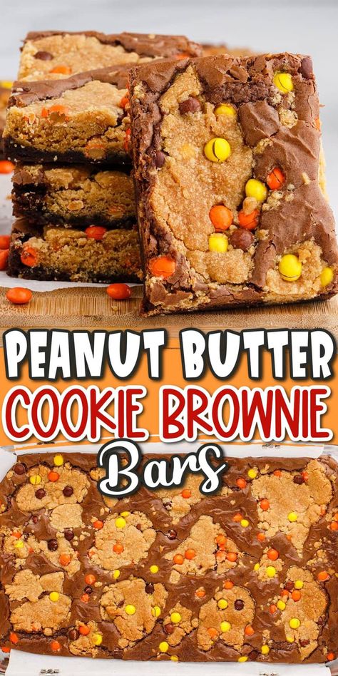 This Peanut Butter Brookies recipe takes only 5 minutes to prepare and is my favorite way to bake two sweet treats, peanut butter cookies and brownies, at the same time in one pan. Using a few simple shortcuts, it couldn’t be any easier to create the best bite of a chocolate brownie with a peanut butter cookie layer into a soft and sliceable square. Brownies With Peanut Butter Cookies, Cookie Layered Brownie, Tailgating Sweet Treats, Peanut Butter Cookie Brownie Bars, Peanut Butter Brookies Easy, Reese’s Brookies, Peanut Butter Cookie Brownies, Brookies Recipe Cookie Brownies, Grammas Recipes