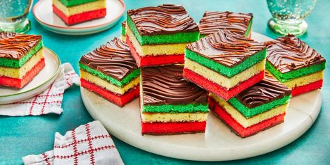 Best Rainbow Cookies Recipe - How to Make Rainbow Cookies Rainbow Cookies Recipe, Cookie Platters, Italian Rainbow Cookies, Rainbow Cookie, Christmas Cookie Swap, Pie Bar Recipes, Cookie Plate, Spritz Cookies, Rainbow Cookies