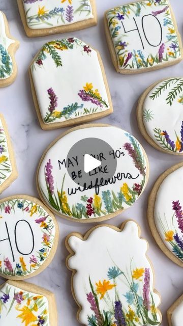 Sweet Sisters on Instagram: "Happy 40th, @katie.arch !  I loved making these “watercolor” wildflower cookies. Sooo relaxing to do and you can be so free with the shapes and colors. I just add a little vodka to my food coloring and ready to paint! 🎨 🌸 🌻 
.
.
.
#40 #40th #40thbirthdaycookies #cookies #wildflowers #wildflowercookies #cookiedecorating #chefmastercolors #watercolor #paintingcookies #sugarcookies #bake" Wildflower Cookies Decorated, Wildflower Cookies, Watercolor Cookies, Happy 40th, Shapes And Colors, Flower Cookies, My Food, Food Coloring, 40th Birthday