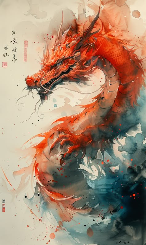 Long Spiraling Japanese Style Dragon Illustration Watercolor Dragon Drawing Watercolor, Watercolor Art Dragon, Korean Dragon Art, Chinese Dragon Watercolor, Traditional Japanese Art Aesthetic, Dragon Watercolor Painting, Japan Dragon Art, Watercolor Japanese Art, Dragon Acrylic Painting