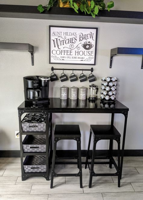 Black and grey witchy coffee bar. Black Goth Kitchen, Black Witchy Bedroom Ideas, Coffee Bar For Apartment, Coffee Bar Black And White, Small Goth Kitchen, Goth Coffee Bar Ideas, Goth Coffee Station, Witchy Salon Decor, Spooky Coffee Bar Ideas