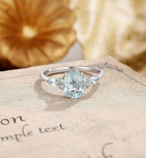 Oval Aquamarine Engagement Ring, Vintage Aquamarine Ring White Gold, Cluster Ring Women, Marquise Aquamarine Ring, Dainty Promise Ring - Etsy Engagement Ring Blue Stone, White Gold Aquamarine Ring, Vintage Aquamarine Ring, Aquamarine Engagement Ring Vintage, Dainty Promise Ring, Aquamarine Ring Vintage, Opal Engagement Ring Set, Unique Promise Rings, Cushion Halo Engagement Ring