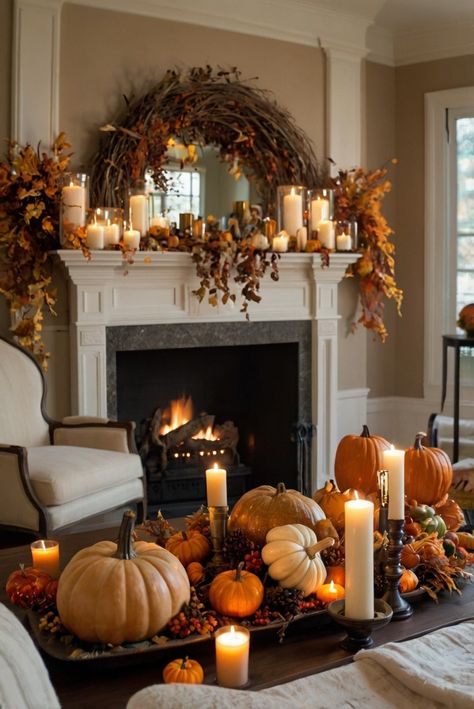 Stunning Thanksgiving Room Decor: Upgrade Your Home with These 5 Ideas - upgradesign.blog Hall Table Fall Decor Ideas, Halloween Dining Room Ideas, Autumnal Interior Design, Simple Fall Decor Dining Table, Kitchen Island Fall Decor Centerpieces, Chic Fall Home Decor, Fall Accent Table Decor, Fall Dining Room Decor Ideas, Halloween Thanksgiving Decor