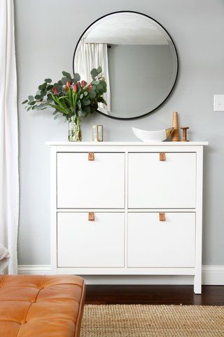 10 IKEA Hacks You Can Do In a Weekend | From the ultra easy (just a coat of spray paint) to the more complex (drilling in a new base) these projects all have one thing in common: they take only a few hours to complete, but breathe new life into tired furniture. Ikea Upgrades, House Tweaking, Ikea Shoe, Apartment Entryway, Ikea Bedroom, Hemma Diy, Decor Ikea, Mirror On The Wall, Bilik Tidur