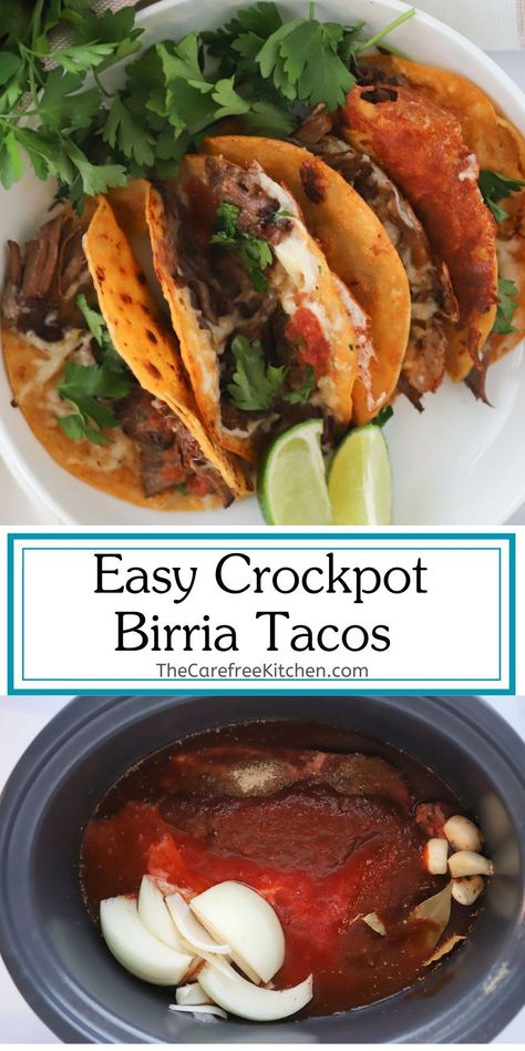 This Easy Birria Tacos recipe uses the slow cooker to make the most rich and savory beef birria. Corn tortillas are dipped into the flavorful chipotle braising broth then stuffed with tender shredded beef and cheese and pan fried. Serve these cheesy quesabirria tacos with fresh pico de gallo, cilantro, and a squeeze of lime. As an added bonus, you can use the braising liquid as a delicious dipping sauce. You’ll quickly realize why this Mexican favorite has taken the internet by storm. Birria Tacos Crockpot Recipes, Mexican Barrio Tacos, Easy Beef Birria Recipe Mexican, Mississippi Birria Tacos, Birria Tacos Easy Recipe, Quick Birria Tacos Recipe, Queso Barrio Tacos, Birria Tacos Recipes, Braised Brisket Tacos