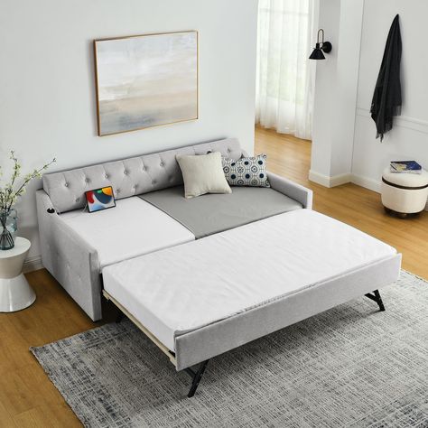 PRICES MAY VARY. 【Upholstered Twin Daybed】This mid-century - inspired daybed features a button tufted back which creates an elegant look, it suits all styles of home decoration. High quality upholstered touch with thick foam on the back and all four sides, providing ergonomic support and you will have a comfortable lying experience. 【Dual-port Charging Design】The right armrest has a built-in charging station which can be compatible with USB and type C. This thoughtful addition allows you to easi Queen Sized Day Bed, Day Bed Twin To King, Trundle Bed Office, Pop Up Bed, Day Bed To Queen, Ikea Day Beds, Twin To King Daybed, Day Bed Office Combo, King Size Daybed