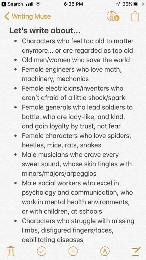 plus, don’t write a character /only/ or merely to be diverse��—and especially if you believe the character or their trait(s) to be redundant. write for nuance, perception, and characterization. a character’s differences should add dimension to their character and especially should not be their only reason for existence. forced, stifled diversity in writing feels worse than none at all. Character Writing Inspiration, Traits To Add To Characters, Character Personalities Ideas, Cyberpunk Writing Ideas, Diverse Character Inspiration, Character Inspiration Personality, Writing Diverse Characters, Cool Power Ideas For Characters, Character Trope Ideas