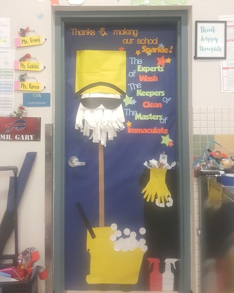 Custodian Bulletin Board, Custodian Appreciation Door Decorations, Custodian Door Decoration Decorating Ideas, Speech Teacher Appreciation Door, Custodian Day Poster, Custodians Day Ideas, Janitor Door Decoration, Custodian Gift Ideas, School Janitor Appreciation Gifts