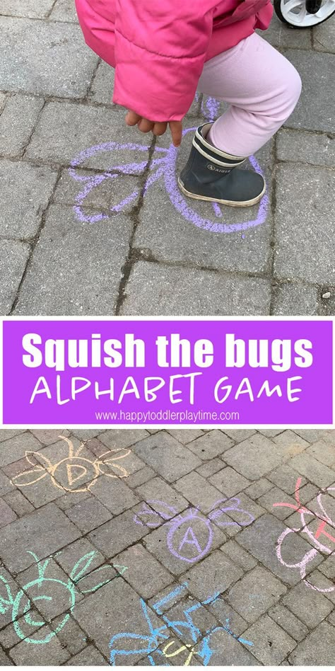 Squish the bug gross motor activity is a fun way to get your moving and learning their letters! It’s a great activity for spring! #grossmotoractivity #preschooler #kidsactivity #summeractivity Bug Activities, Outdoor Learning Activities, Insects Preschool, Bugs Preschool, Alphabet Game, Gross Motor Activity, Happy Toddler, Alphabet Games, Gross Motor Activities