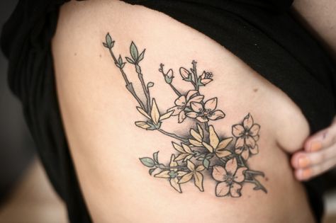 Forsythia Tattoo, Tattoo On Ribs, Luna Moth Tattoo, Tiny Flower Tattoos, Lillies Tattoo, Stomach Tattoos Women, Wonderland Tattoo, Moth Tattoo, Make Tattoo