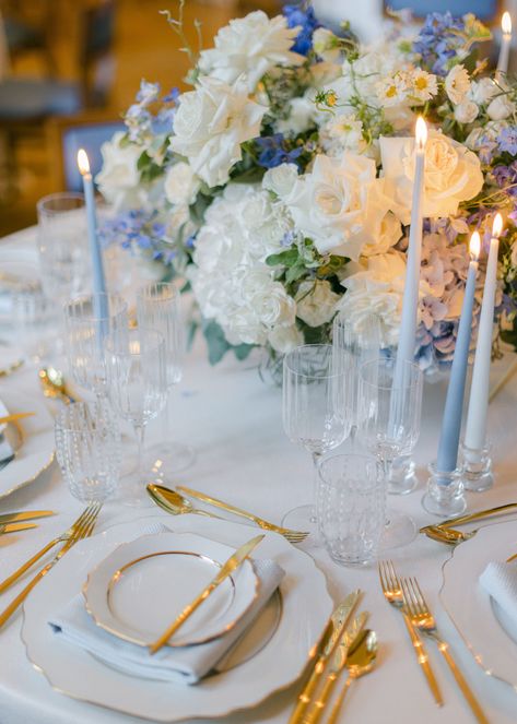 Rent: Vienna Gold Set Table Settings Circle Table, Powder Blue Table Setting, Clean Elegant Wedding Decor, Wedding Table Setting With Candles, Wedding Table Decorations Hydrangea, Gold White Blue Wedding, Blue China Wedding Decor, Prom Table Settings, Blue And White Reception Decor