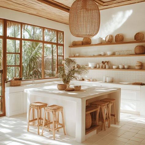 Facebook Bali Aesthetic Villa, Bohemian Kitchen Design, Diamond Tile Backsplash, Caribbean Interior Design, Tropical Hotel, White Oak Cabinets, Woven Bar Stools, Bali Aesthetic, Fluted Wood