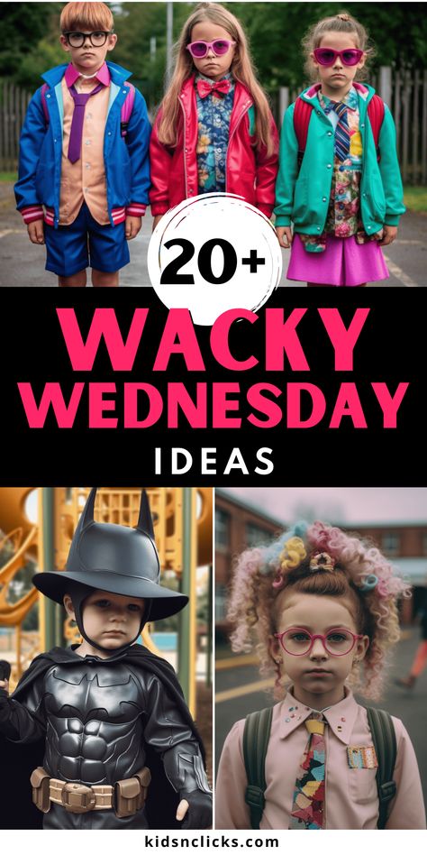 These 20+ Wacky Wednesday ideas include safe online fun as well as offline screen free fun for kids activities all year! Whether you’re searching for the perfect kids activity to liven up a sluggish classroom, shake up a mundane office, or simply have some goofy family fun, we have got you covered! Here are some fun wacky Wednesday ideas, offline and online. Click through to the blog for all of our favorite Wacky Wednesday activities! Easy Wacky Wednesday Outfits, Wacky Costume Ideas, Crazy Dress Up Day At School, Wacky Outfit Day At School, Camping Dress Up Day At School, Spirit Week Wacky Wednesday, Wacky Day Outfits For Boys, Preschool Wacky Wednesday Ideas, Wild And Wacky Day At School