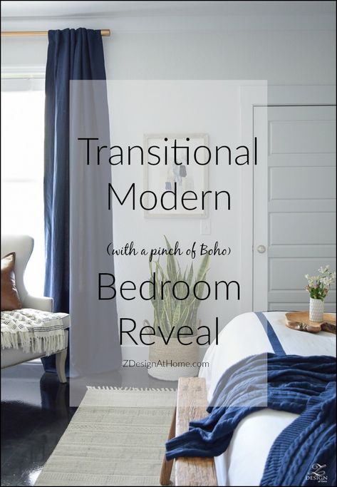 Transitional Modern (with a pinch of boho) Bedroom Reveal | ZDesign At Home Transitional Modern Bedroom, Transitional Guest Bedroom, Transitional Bedroom Master, Transitional Home Interiors, Modern Transitional Bedroom, Transitional Style Bedroom, Transitional Bedroom Design, Modern Boho Bedroom, Transitional Decor Bedroom