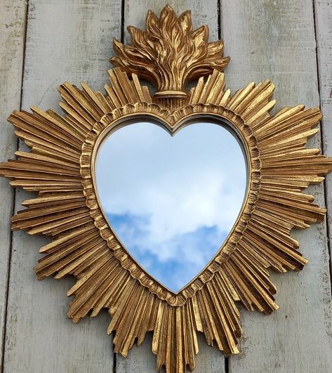 Ex Voto Mirror Flaming Heart Mirror With Golden Patina Ex Voto Heart Mirror Flamed Heart Mirror Sacred Heart Mirror Burning Heart - Etsy UK Mirror Resin, Mirror Collage, Resin Mirror, Dia De Los Muertos Decorations Ideas, Burning Heart, Flaming Heart, Arte Grunge, Heart Mirror, Deco Salon