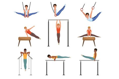 Young guys training on various gymnastics apparatus. Rings, pommel horse, horizontal and parallel bars. Individual sport. Professional athletes. Cartoon people characters. Flat vector set. Gymnastics Apparatus, Cartoon People, Professional Athlete, Flat Vector, Gymnastics, Persona, Origami, Mural, Train