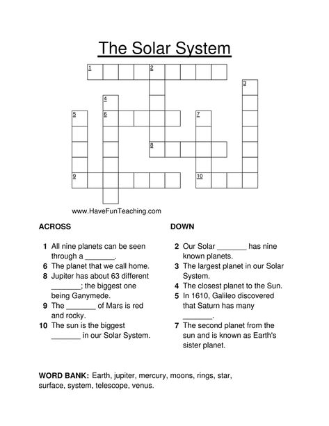 Solar System Crossword Puzzle 5th Grade Science Worksheets, Planets For Kids, Solar System Lessons, Motivation Activities, Word Puzzles For Kids, Solar System Worksheets, Solar System Activities, 5th Grade Worksheets, Middle School Lesson Plans