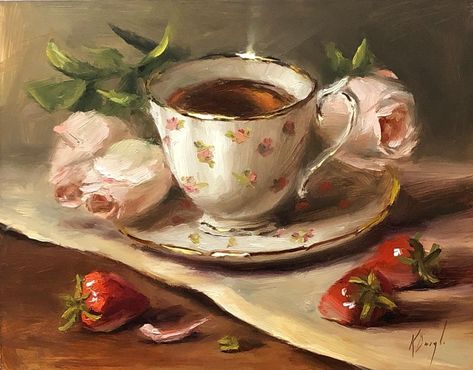 Karen Daigle (@karen.daigleart) • Instagram photos and videos Teacup Still Life, Teacup Still Life Photography, Teacup Painting, Teapot Painting, Rococo Art, Still Life Artists, Strawberry Tea, Rennaissance Art, Representational Art