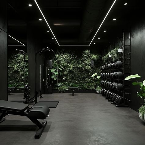 Image Basement Gym Black Ceiling, Functional Fitness Gym Design, All Black Gym Interior, Moody Workout Aesthetic, Garage Gym Black Walls, All Black Home Gym, Garage Gym Aesthetic, Gym Owner Aesthetic, Moody Gym Aesthetic