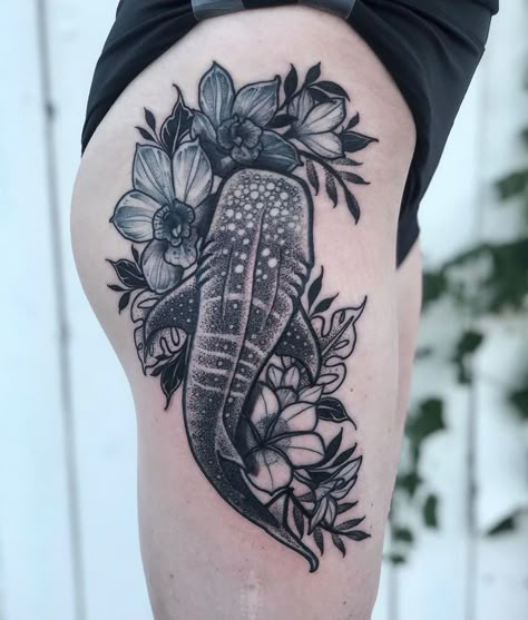 Meghan Freeman on Instagram: “Boy was I excited to draw and tattoo this Whale Shark! Such a beautiful animal. For those that don’t know, animals are one of my favorite…” Shark Jaw With Flowers Tattoo, Whale Sleeve Tattoo, Whale Shark Tattoo Meaning, Whale Tattoo Thigh, Great White Shark Tattoos For Women, Feminine Shark Tattoo For Women, Whale Shark Tattoo Design, Animal Leg Sleeve Tattoo, Shark Back Tattoo