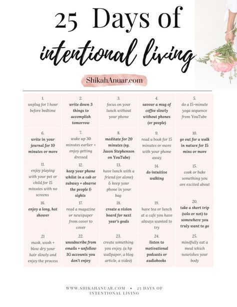 Want a more intentional life but not sure where to start? You can begin with these habits to jumpstart your intentional living + create a meaningful life today. If you want a shortcut, you can download this 25 Days of Intentional Living printable for ideas + inspiration to start! #intentionalliving #mentalhealth #selflovequotes #selfcaretips #selfcareideas #slowliving #printables #plannerlove Living A Spiritual Life, How To Create The Life You Want, How To Live With Intention, Creating The Life You Want, Live Your Life Aesthetic, Living Intentionally Quotes, Holistic Living Aesthetic, Living Best Life Aesthetic, Intentional Living Aesthetic