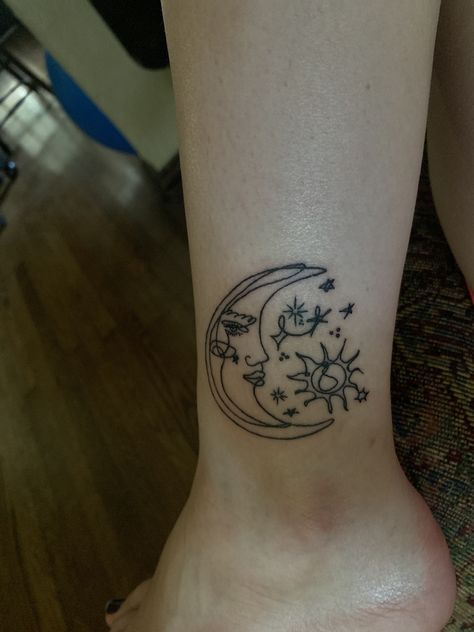 i fell in love with multiple versions of this tattoo on pinterest and decided to combine elements of all of them into my own “little” frankenstein tattoo. those three tiny stars were done in my friends’ handwriting Abstract Moon Tattoo, Moon Stars Tattoo, Tattoo Cherry, Tattoo Stars, Frankenstein Tattoo, Family First Tattoo, Small Moon Tattoos, Diy Tattoo Permanent, Tattoo Placements