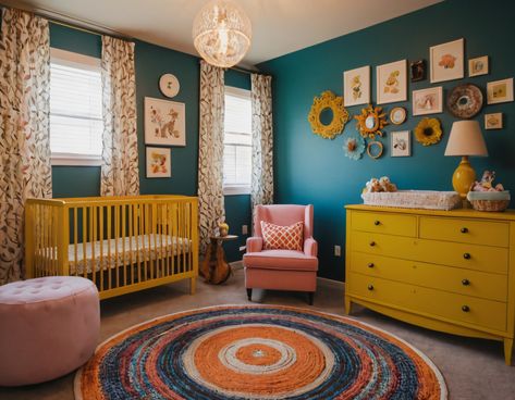 A vibrant eclectic nursery with bold patterns, colorful wall art, and a mix of modern and vintage furniture for a playful and unique space. #Nursery #Eclectic #BoldPatterns #ColorfulWallArt #ModernAndVintage Nursery Ideas Maximalist, Bold Nursery Ideas, Bold Nursery Colors, Maximalist Nursery, Nursery Eclectic, Bold Nursery, Eclectic Nursery, Gender Neutral Baby Nursery, Patterns Colorful