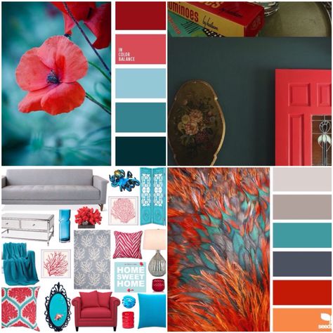 Black Red And Teal Bedroom, Blue Red Living Room Decor, Burgundy And Turquoise Living Room, Red Yellow Blue Living Room Decor, Blue Green Coral Bedroom, Red And Teal Bedroom Ideas, Red Teal Color Scheme, Red And Teal Interior Design, Red Turquoise Living Room