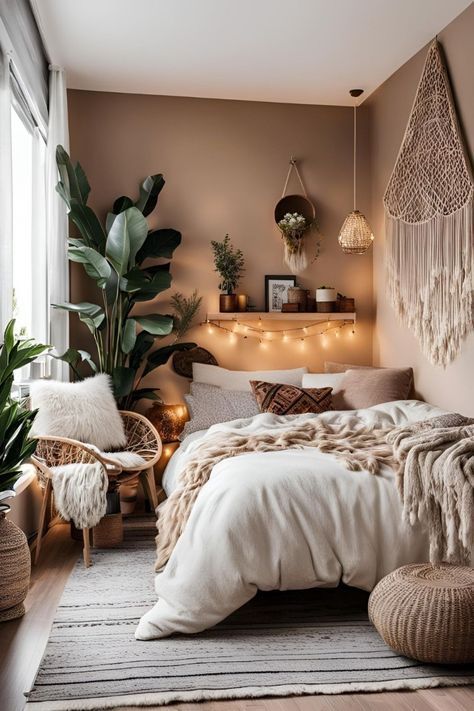 Corner Bed Design Ideas, Beds In The Corner Of The Room Ideas, Southern Boho Bedroom, Corner Bed Ideas For Adults, King Size Corner Bed Ideas, Bedroom Women Ideas, Apartment Room Ideas Aesthetic, Bed In Corner Ideas, Bedroom With Bed In Corner