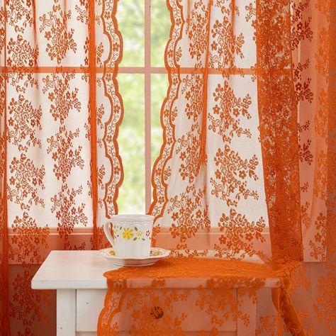 PRICES MAY VARY. Sold as pair,2 Panels lace burnt orange curtains 84 Inch Long included, each panel measuring 52"W x 84"L. Crafted from high-quality, durable soft lace fabric.Super easy to hang and slide. Rustic Romance: The boho Decor Window Curtain Set great to add color to your bedroom, living room, or dining room decor. Delicate tulle floral lace design makes it fit seamlessly into French Country, minimalist, or farmhouse styled home interiors. Functional & Decorative -These burnt orange she Winter Window Treatments, Terracotta Curtains, Burnt Orange Curtains, Lace Window Treatments, Farmhouse Boho Decor, Holiday Living Room, Bay Window Curtains, Orange Curtains, Bohemian Curtains