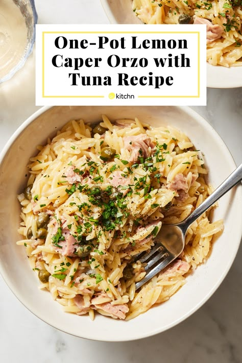 Canned Tuna Orzo, Tuna And Orzo Recipes, Tuna Fish Dinner Recipes, Tuna In Olive Oil Recipes, One Pot Fish Recipes, Tuna Orzo Salad, Meals With Capers, Tuna Risotto, Tuna Recipes For Dinner