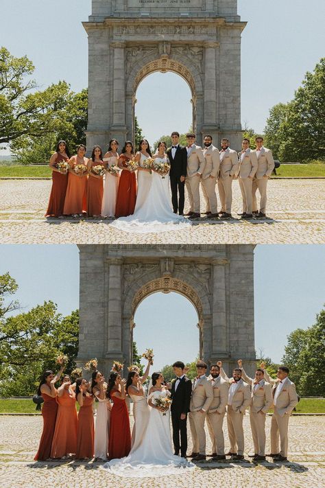 Bridesmaid and Groomsmen Pictures | Bridal Party Wedding Photos | PA Wedding Photographer | Rust, burnt orange, beige, and neutral wedding party inspiration. See more egyptian wedding bridesmaid, bridesmaid and groomsmen colors, mismatched bridesmaid colors, and elegant bridesmaid flowers. Book Katarina for your romantic wedding day in Pennsylvania at katarinacelinephotography.com Rust Colored Bridesmaid Dresses With Groomsmen, Burnt Orange Bridesmaid And Groomsmen, Rust Bridesmaid Dresses With Groomsmen, Bridal Party Mismatched Dresses, Burnt Orange And Neutral Wedding, Bridal Party Fall Colors, Mismatched Bridesmaids And Groomsmen, Copper Bridal Party, Bridesmaid And Groomsmen Colors Colour Palettes