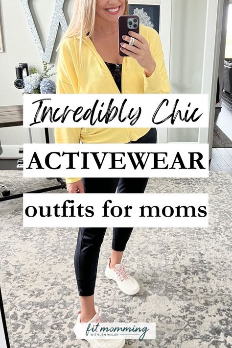 Discover how to style women's activewear for a chic and modern look. These athleisure outfit ideas for moms offer a mix of comfort and style, perfect for staying active while looking your best. Upgrade your women's fashion game with our curated selection of activewear that's ideal for your busy lifestyle. Workout Fashion, Sports Mom Outfit, Hot Mom Outfits, Chic Athleisure Outfits, Chic Activewear, Casual Mom Style, Trendy Activewear, Womens Active Wear Outfits, Lululemon Outfits