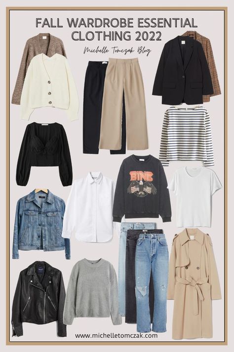 Fall Wardrobe Essential Clothing 2022. Michelle Tomczak Blog. Basic Clothes Essentials, Fall Clothing Essentials, Create Capsule Wardrobe, Wardrobe Essentials For Women, Workwear Capsule Wardrobe, Essential Clothing, Capsule Wardrobe Women, Spring Summer Capsule Wardrobe, Outfit Links