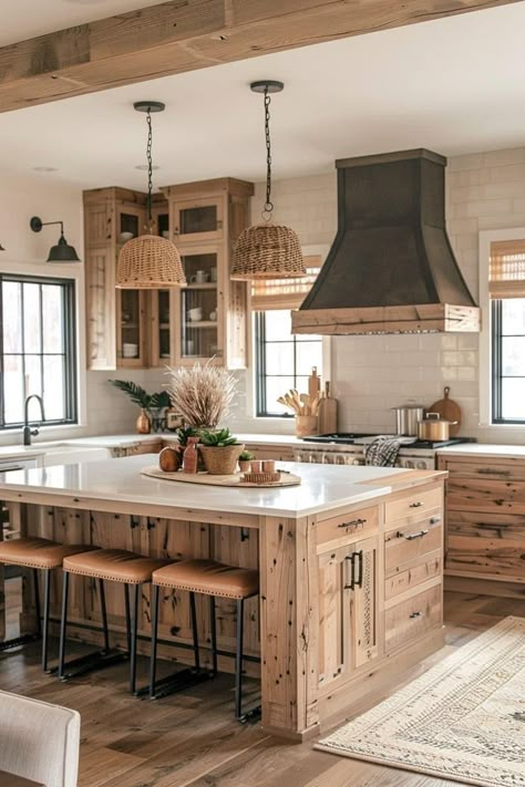 Modern Farm Kitchen Cabinets, Natural Elements Kitchen, Modern Farmhouse House Design, Clean Rustic Decor, Barndominium Kitchens Ideas, Modern Farmhouse Kitchen Islands, House Interior Kitchen Modern, Timeless Farmhouse Kitchen, Modern Country Kitchen Farmhouse