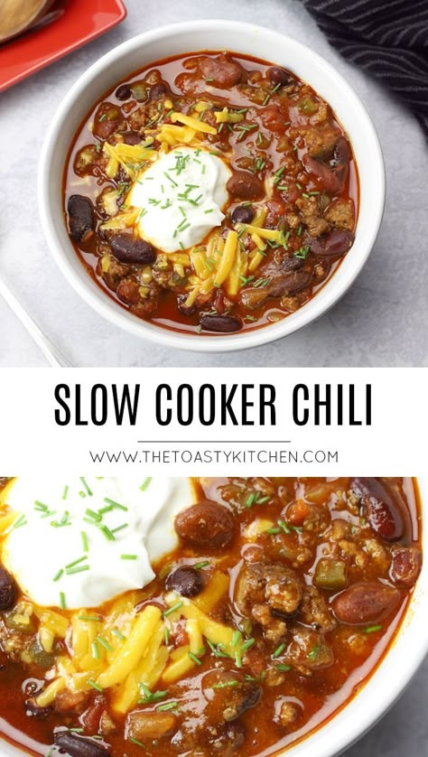 Slow Cooker Chili - The Toasty Kitchen #slowcooker #slowcookerdinner #crockpot #crockpotrecipes #crockpotchili #chilirecipe #chilibeans #beef #beans Slow Cooker Chili Easy, Slow Cooker Chili Recipe, Chili Recipe Crockpot, Chilli Recipes, Chili Recipe Easy, Crockpot Chili, Slow Cooker Chili, Slow Cooker Dinner, Diced Tomatoes