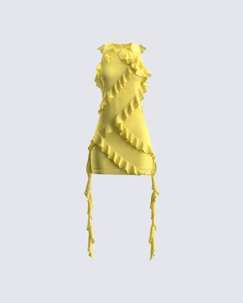 Walkin 'on sunshine 💛 Cut from chiffon fabric with an A-line silhouette, cascading asymmetrical ruffle details, and a high neckline - This yellow ruffle mini dress is the gorgeous pop of color we all need in our life 🤩 Short Yellow Dress, Tiana Dress, Dress Png, Strapless Ruffle Dress, Yellow Clothes, Future Of Fashion, Yellow Mini Dress, Birthday Inspo, Welcome To The Future