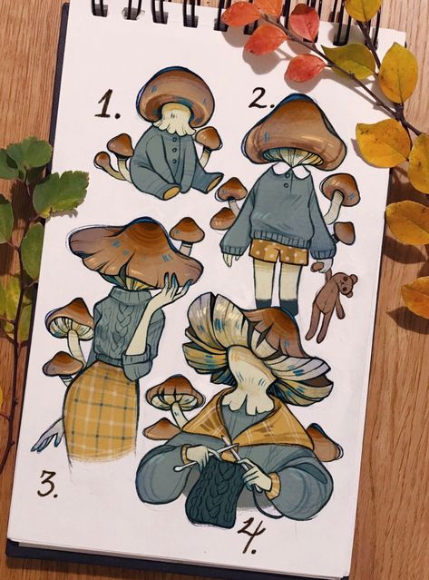 Mushroom Autumn, Knitting Sweaters, Arte Sketchbook, Mushroom Art, 영감을 주는 캐릭터, Cool Art Drawings, Art Inspiration Drawing, A Drawing, Creature Art