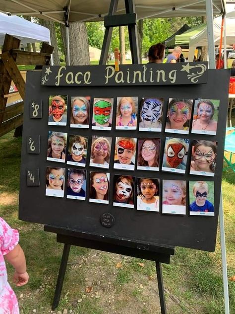 Face Paint Signage, Face Paint Table Set Up, Face Painting Party Station, Face Paint Sign Ideas, Face Painting Display Board Ideas, Face Painting Table Set Up, Face Painting Stall Ideas, Face Paint Board Display, Face Paint Set Up Ideas