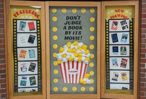 Books To Movies Library Displays, Movie Bulletin Boards, Teen Library Displays, Movie Display, Book Bulletin Board, School Library Bulletin Boards, Creative Bulletin Boards, Board Game Themes, Cute Bulletin Boards