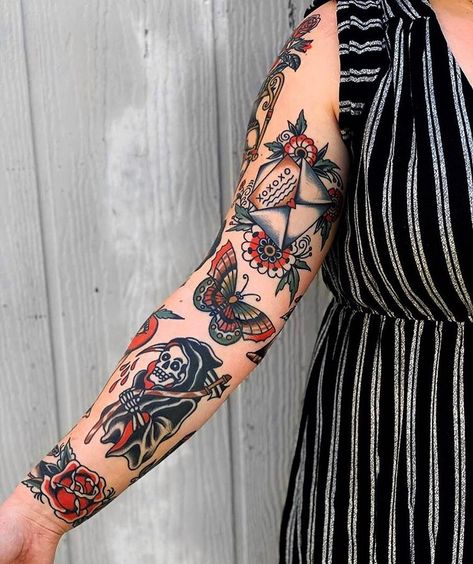 Traditional Tattoo Woman, American Traditional Sleeve, Traditional Butterfly Tattoo, Female Tattoo Designs, Western Tattoo, Traditional Hand Tattoo, Traditional Tattoo Inspiration, Neotraditional Tattoo, Traditional Style Tattoo